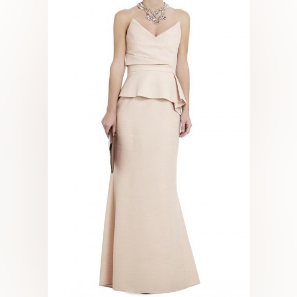 BCBGMaxAzria Gracie Strapless Peplum Corset Long Cocktail Gown Bare Pink Size 6.